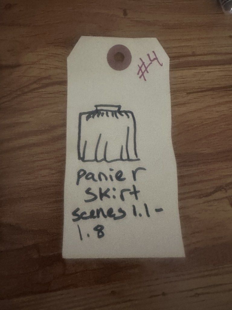 The tags included a sketch to keep the items in the right hanging order and what scenes they were needed for.